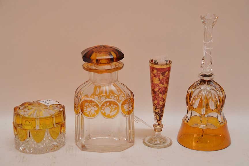 4pc. Colored glass, bell (8"h), cologne bottle (6"h), (1 of 2)
