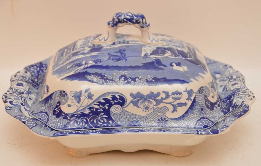 Spode, vegetable bowl, Italian Spode design, blue and: Spode, vegetable bowl, Italian Spode design, blue and white Renaissance scene, 2 1/2"h x 12"w