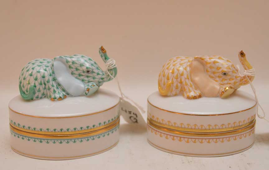 2 Herend covered boxes with elephant tops, green and (1 of 3)