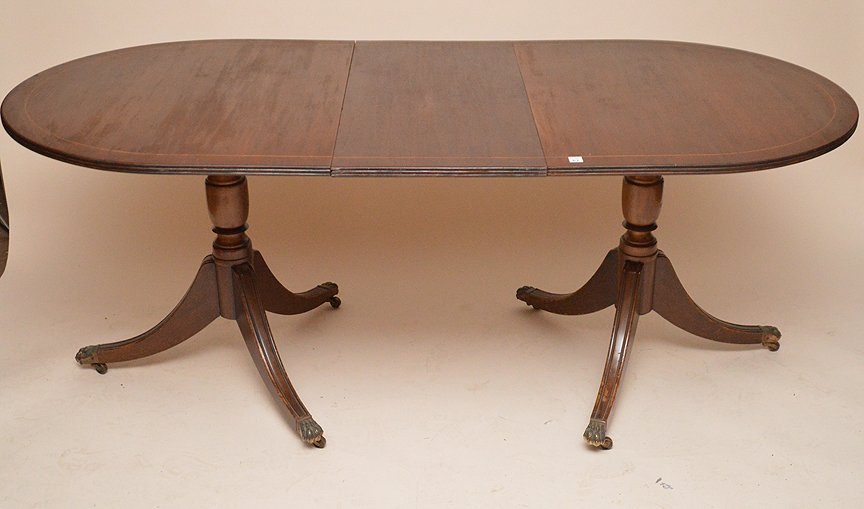 Mahogany double pedestal Duncan Phyfe style dining: Mahogany double pedestal Duncan Phyfe style dining table, label reads: Logan Furniture AND 6 Victorian side chairs