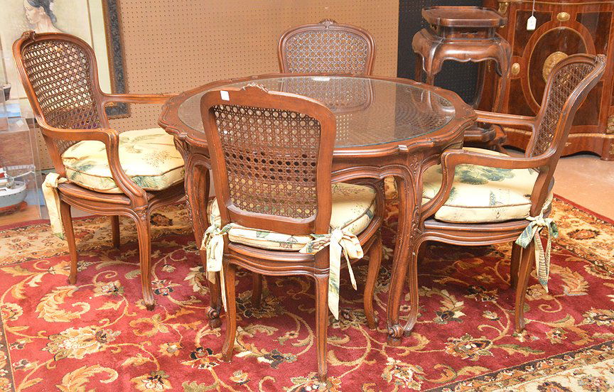 French style dining table with 4 matching chairs, caned (1 of 7)
