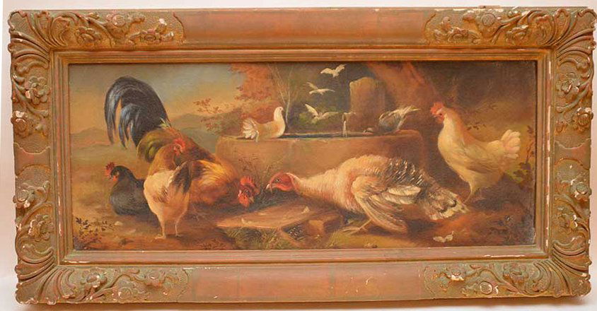 Antique Rooster Painting, oil on canvas-relined, in (1 of 5)