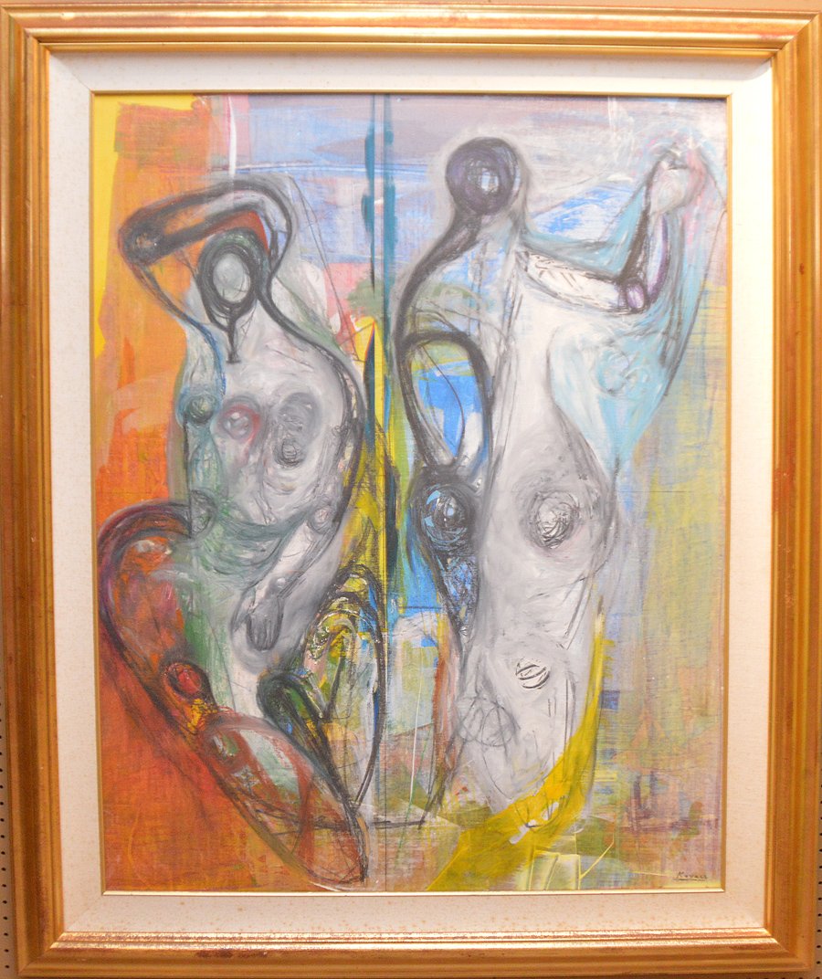 Peter Kovacs (Hungary born 1943) Oil/Mixed Technique: Peter Kovacs (Hungary born 1943) Oil/Mixed Technique on canvas, abstract figures, 46" x 34"