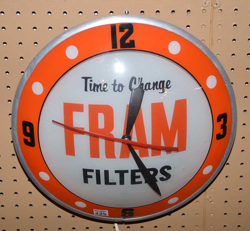 Advertising electric "Fram Filters" wall clock, 16"dia (1 of 3)