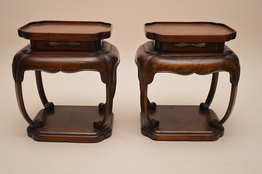 Pair oriental end tables with plank bottom shelf (1 of 3)