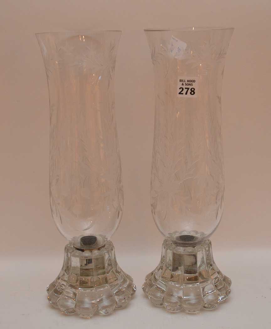 Pair Glass Candle Holders with etched glass hurricane (1 of 3)