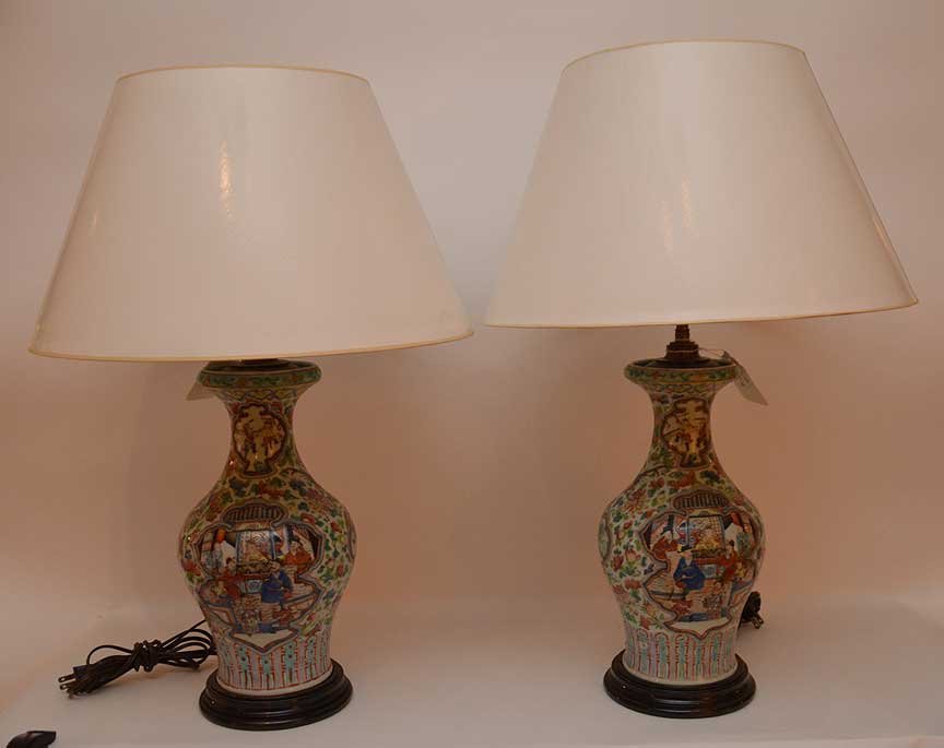 Pair Chinese Famile antique lamps, 26"h (1 of 8)