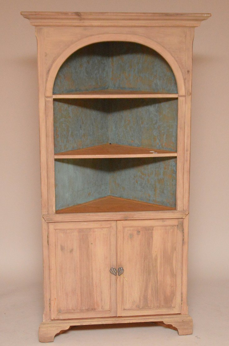 Light finished wood corner cabinet with 3 open shelves (1 of 4)