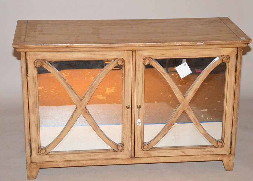 Light wood cabinet with mirrored doors, 34"h x 54"w x: Light wood cabinet with mirrored doors, 34"h x 54"w x 22"d