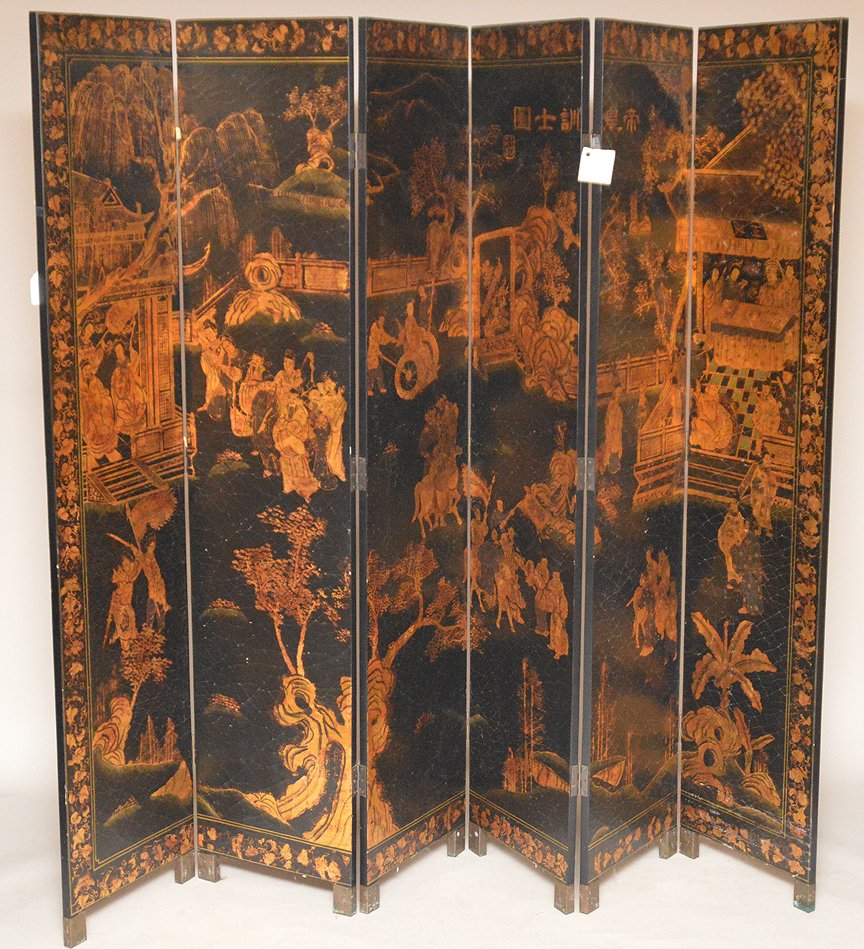 Black & Gold 6 panel Coromandel screen, 7'h x 18"w (1 of 8)