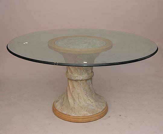Fabulous architectural style table with glass top: Fabulous architectural style table, stone type hour glass shape pedestal with acanthus leaf motif surface in a lightwood frame, with glass top,
