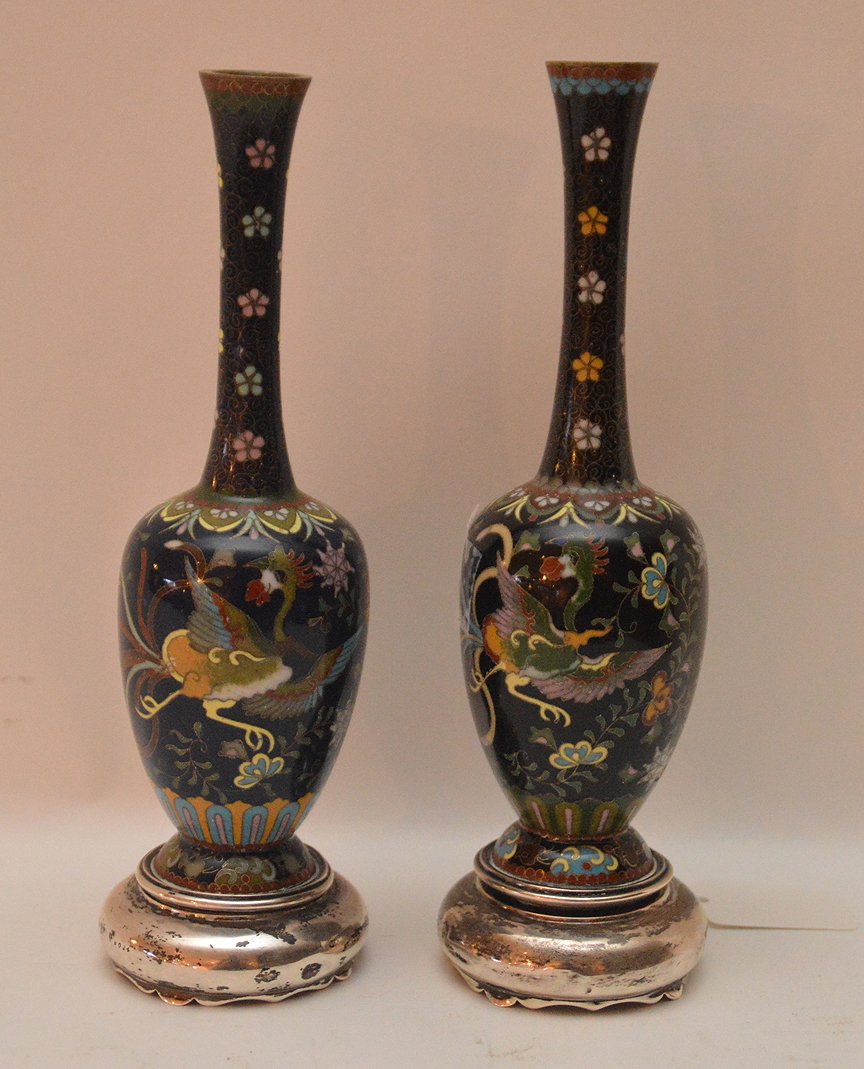 Pair Cloisonne Vases mounted on English sterling bases. (1 of 4)