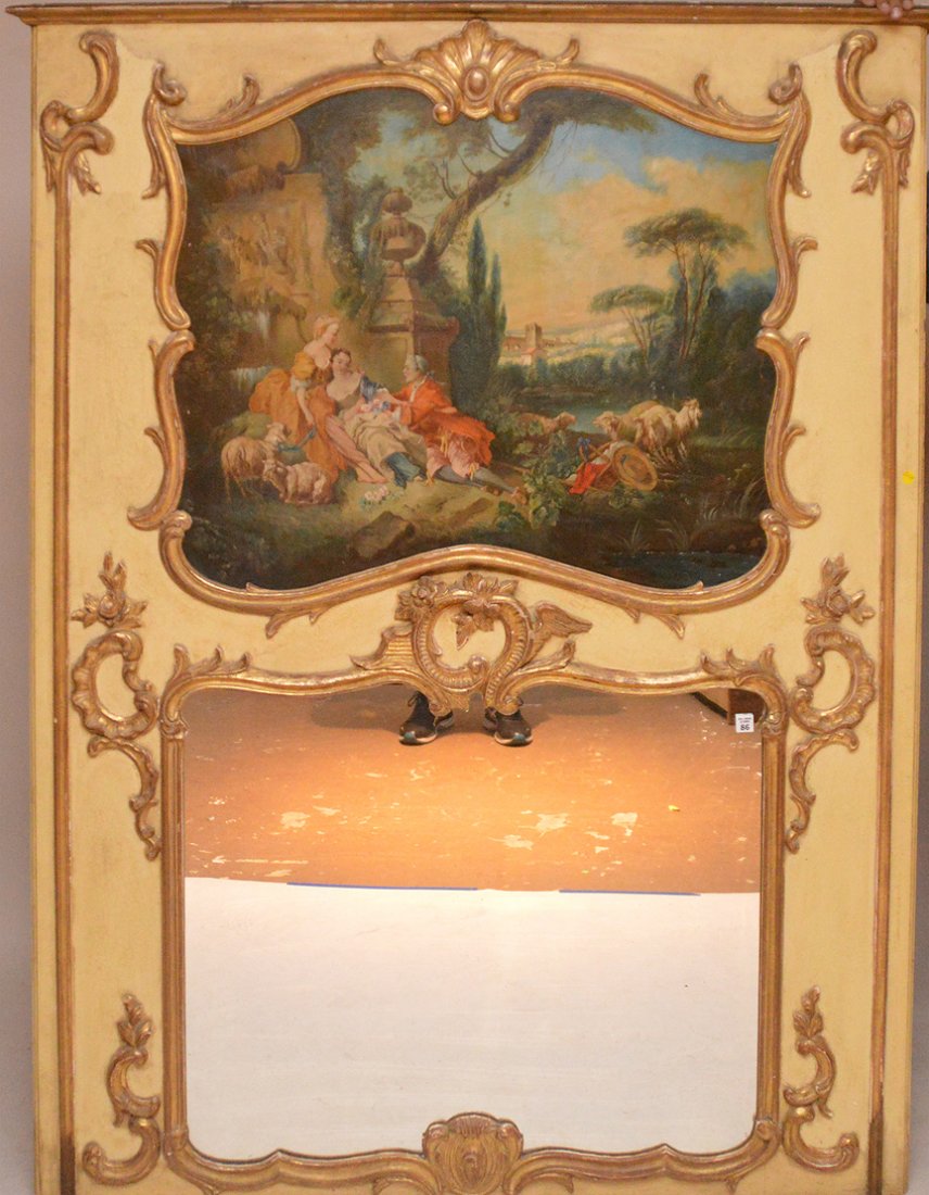 Trumeau with French romantic scenery, oil on canvas: Trumeau with French romantic scenery, oil on canvas painting over mirror with gilded accents, 71 1/2"h x 53"w