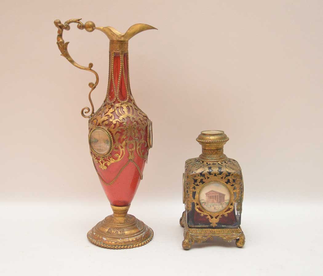 Red glass ewer with gilt metal decoration and 4 round (1 of 8)