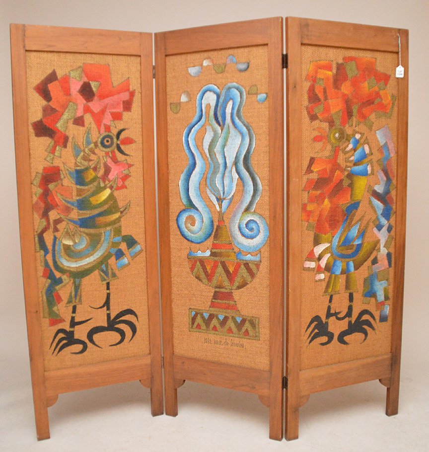 Jose Maria De Servin (1917-83) Abstract Painted Screen: Jose Maria De Servin (1917-83) Abstract Painted Screen 3-panel fully open measures 62 1/8" x 63", signed oil on burlap by the American/Mexican abstract modernist artist De Servin, painted with bold co
