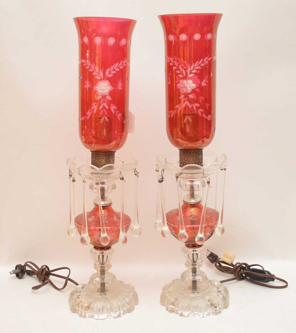 Pair lustres, etched, red and clear flashed glass on (1 of 6)