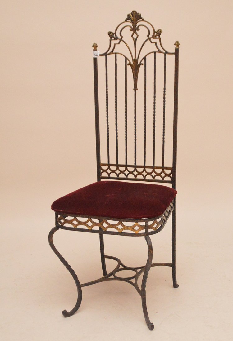 Side chair, Victorian with Oscar Bach style influences,: Side chair, Victorian with Oscar Bach style influences, late 19th/early 20th c, black and gilt iron frame with shell crest