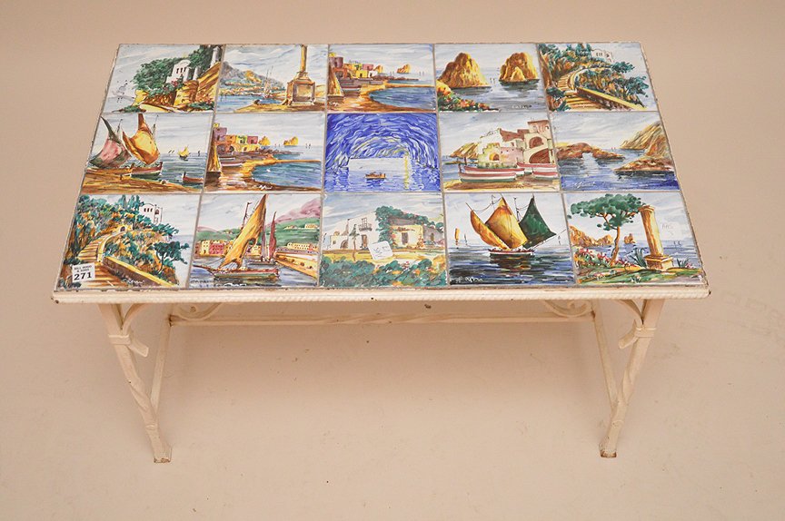 Painted iron side table with 15 painted Italian tiles (1 of 4)
