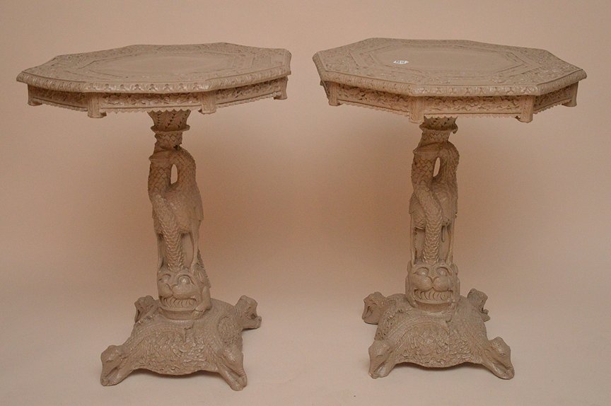 Pair painted carved Indo tables with shore bird (1 of 8)