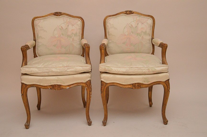 Pair French arm chairs gold frame neutral upholstery (1 of 4)