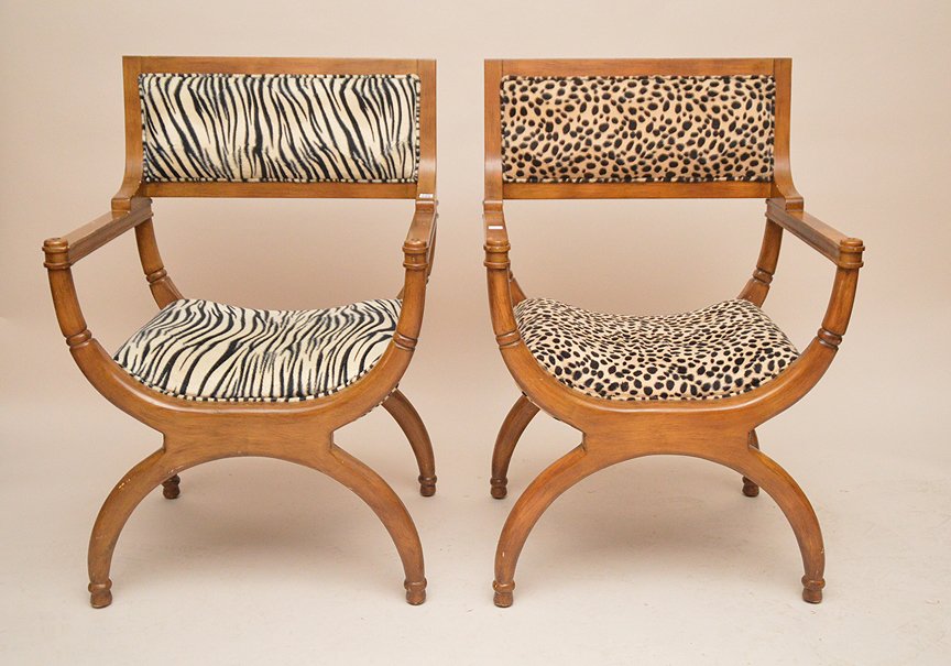 Pair fruitwood arm chairs: Pair fruitwood arm chairs, Leopard and Zebra type upholstery, 38"h x 32"w x 28"d