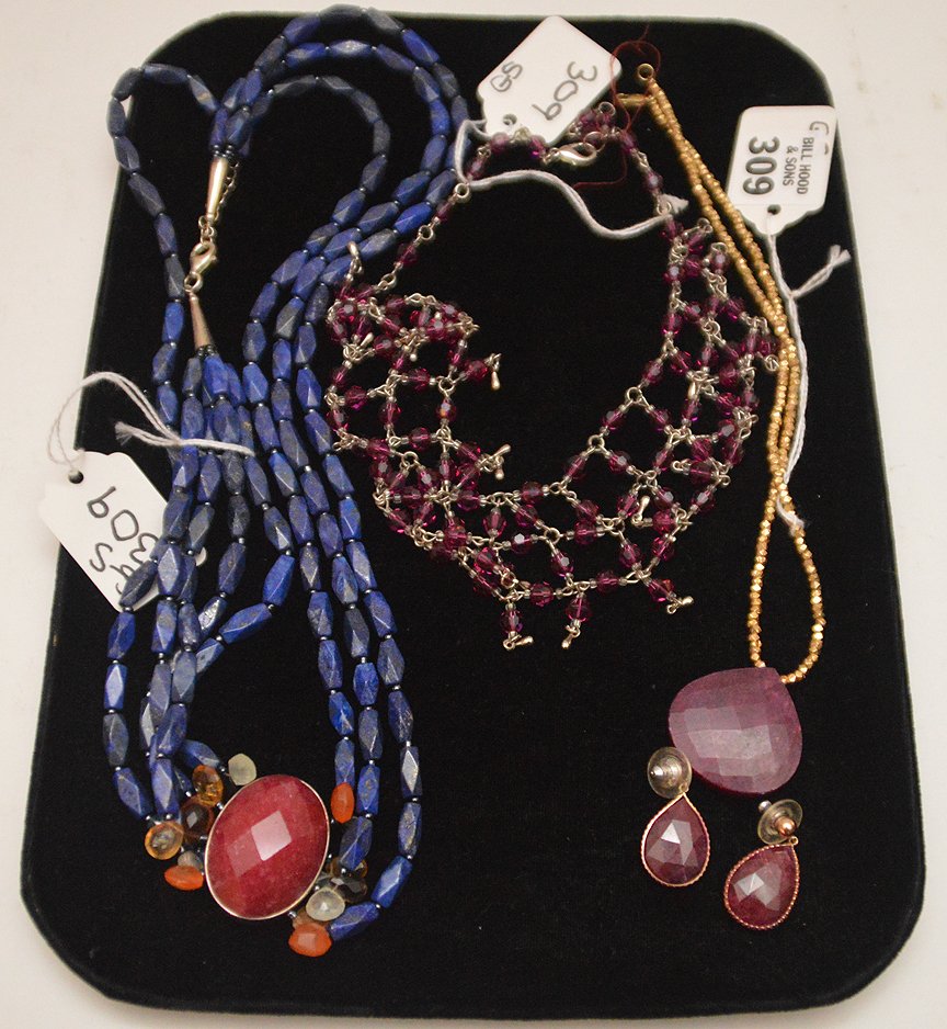 4pcs. Assorted jewelry, lapis beaded necklace with (1 of 2)