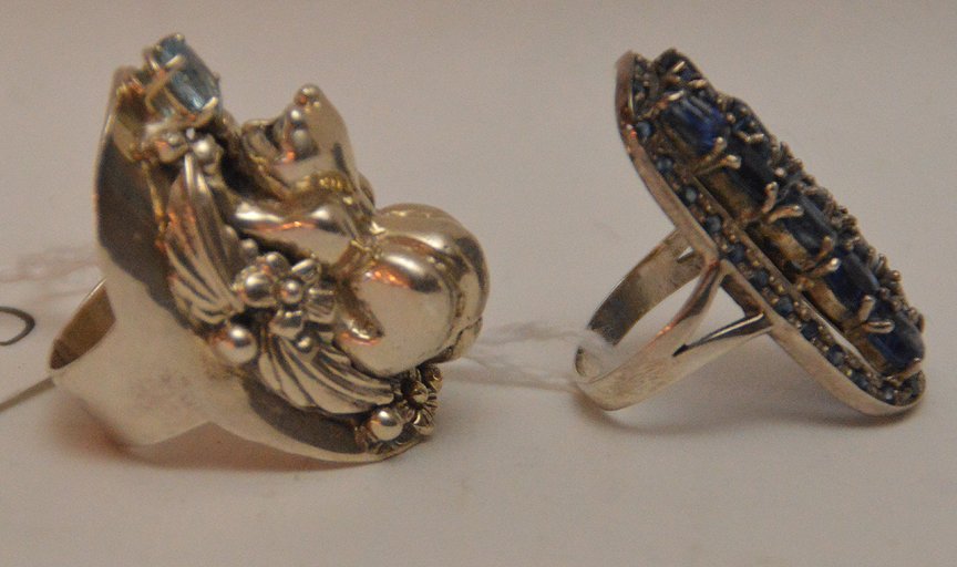 2 sterling silver rings, (1) rectangle shape with blue (1 of 3)
