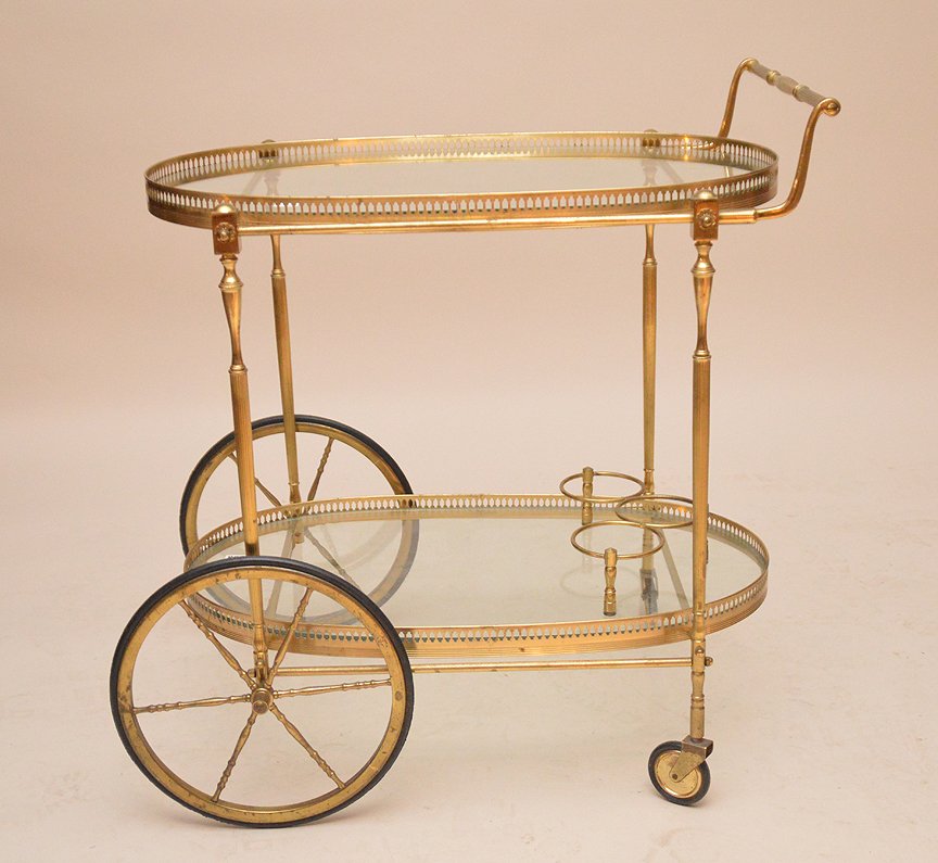 Brass tea cart with 2 glass shelves, 30"h x 28"h x 17"d (1 of 2)