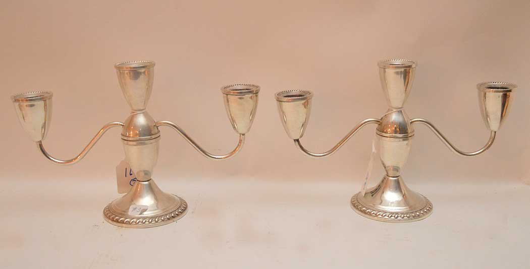 Pair sterling 3 lite candelabra, weighted (1 of 3)