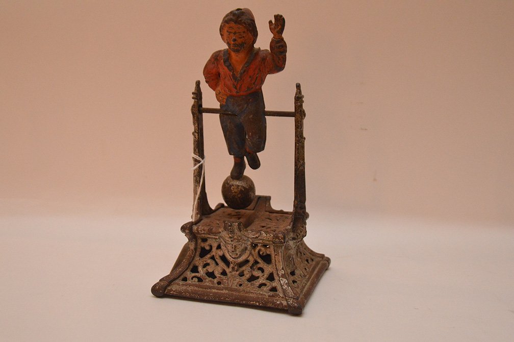 Painted Cast Iron Bank "Trapeze Boy" American with (1 of 8)
