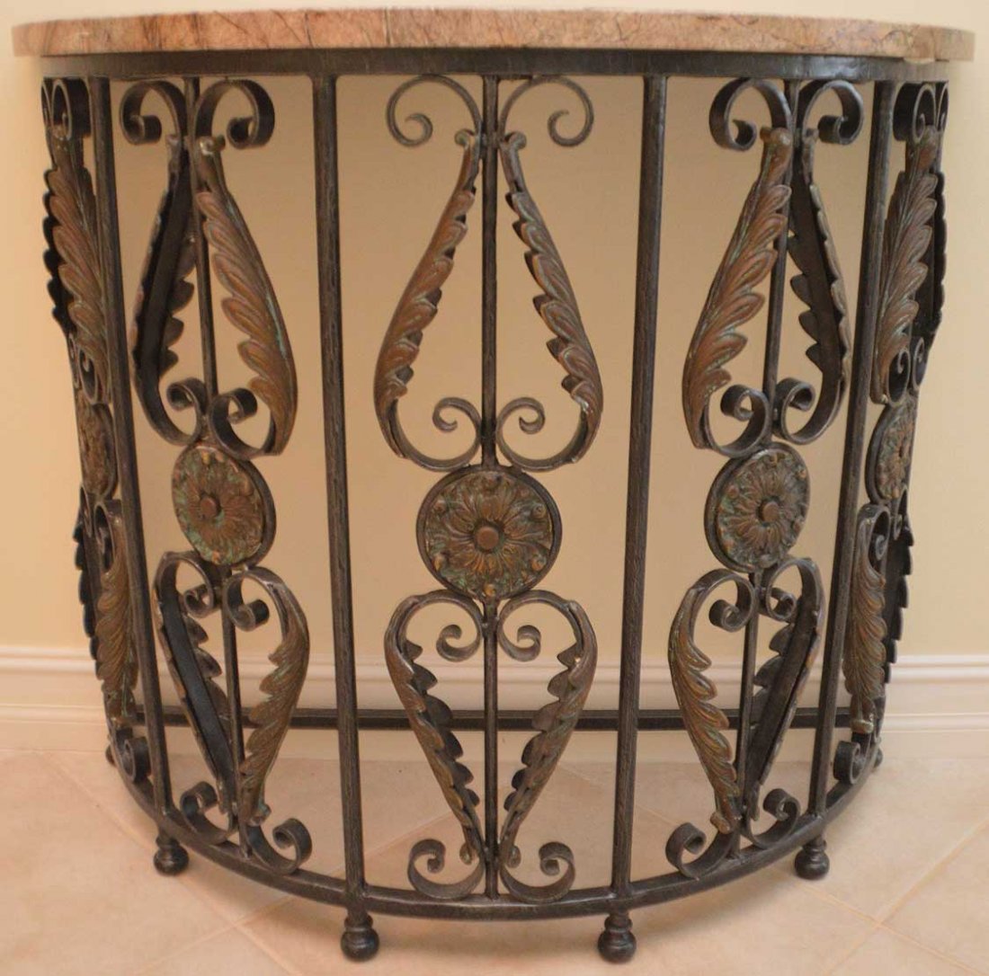 2 iron & bronze demi lune consoles with marble tops, (1 of 3)