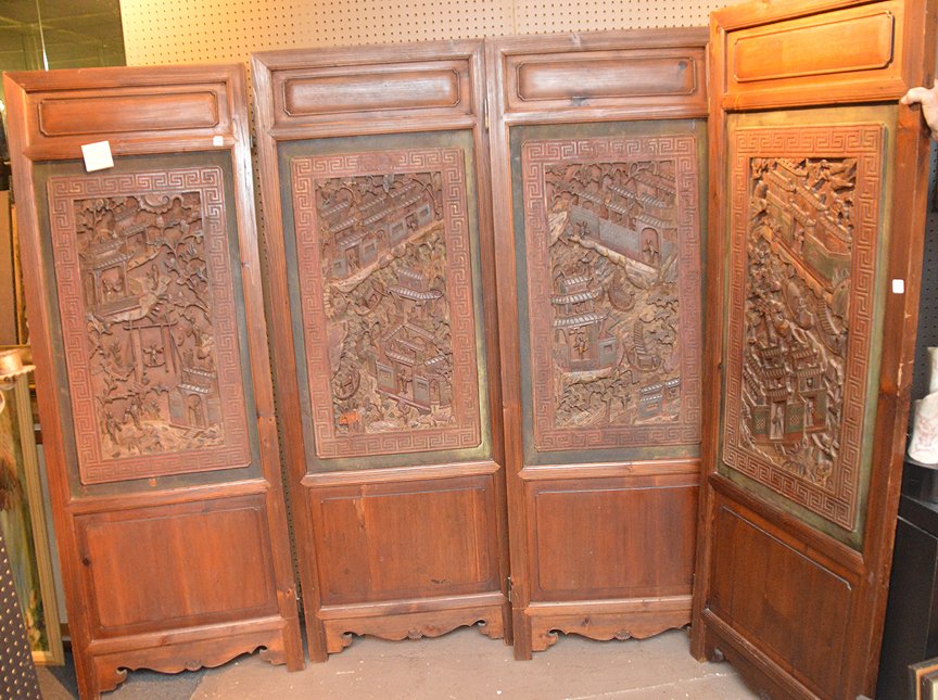 4 oriental heavy carved panels depicting village life, (1 of 5)