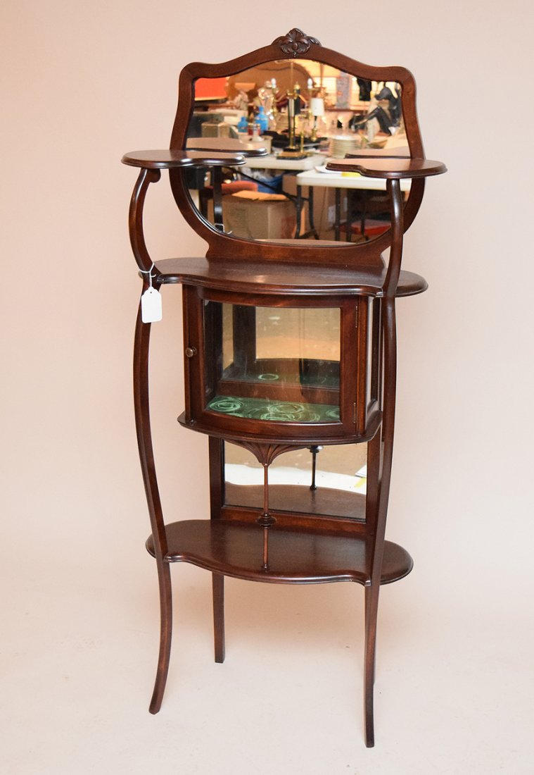 Mahogany diminutive curio cabinet / what not shelf,: Mahogany diminutive curio cabinet / what not shelf, circa 1940's, 60"h x 25"w x 12"d