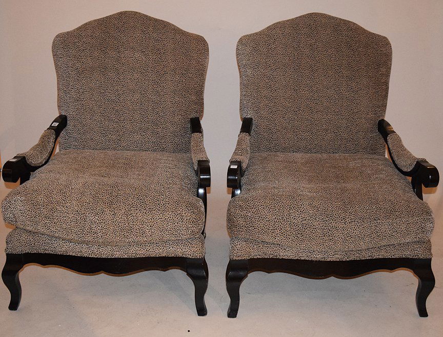 Pair faux leopard upholstered arm chairs, 44 1/2"h x (1 of 3)