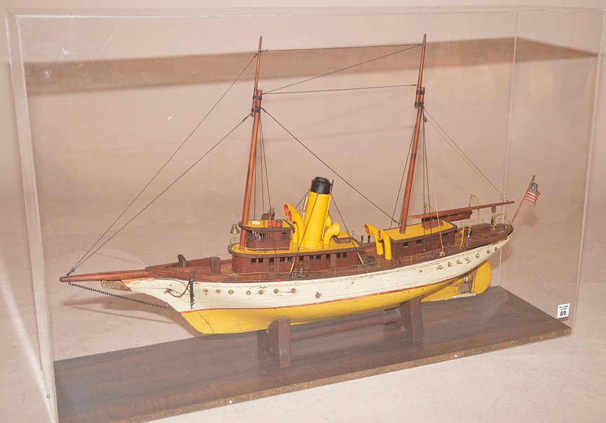 Ship model, Vintage wooden with white and yellow paint,: Ship model, Vintage wooden with white and yellow paint, 36"w x 23"h