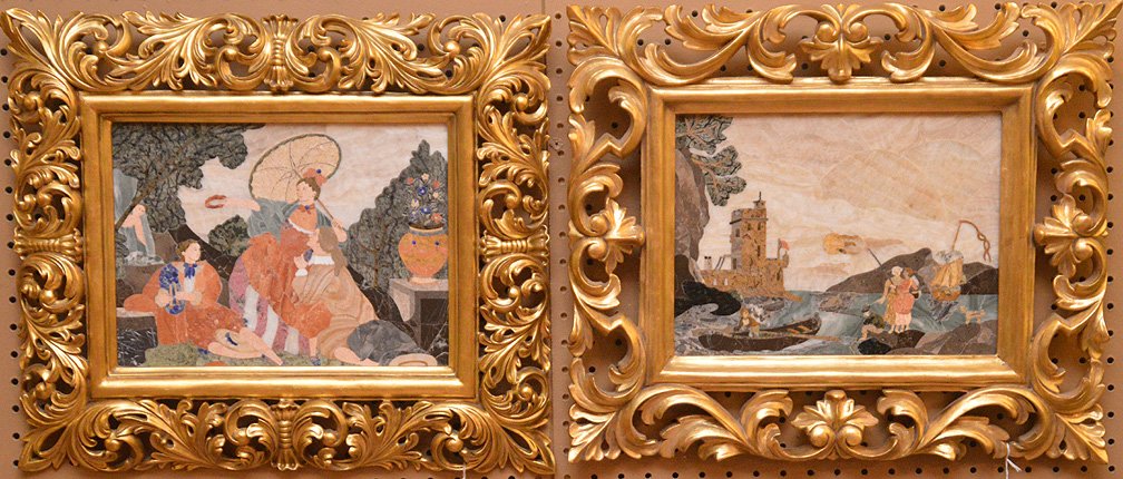 Pair Italian Pietra Dura Plaques in carved giltwood (1 of 6)