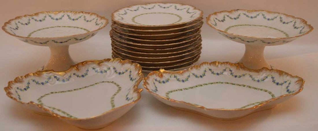 H.B. Limoges china, France, blue floral garland, incl;: H.B. Limoges china, France, blue floral garland, incl; 11 plates (8 1/2"dia), 2 serving dishes and 2 compotes