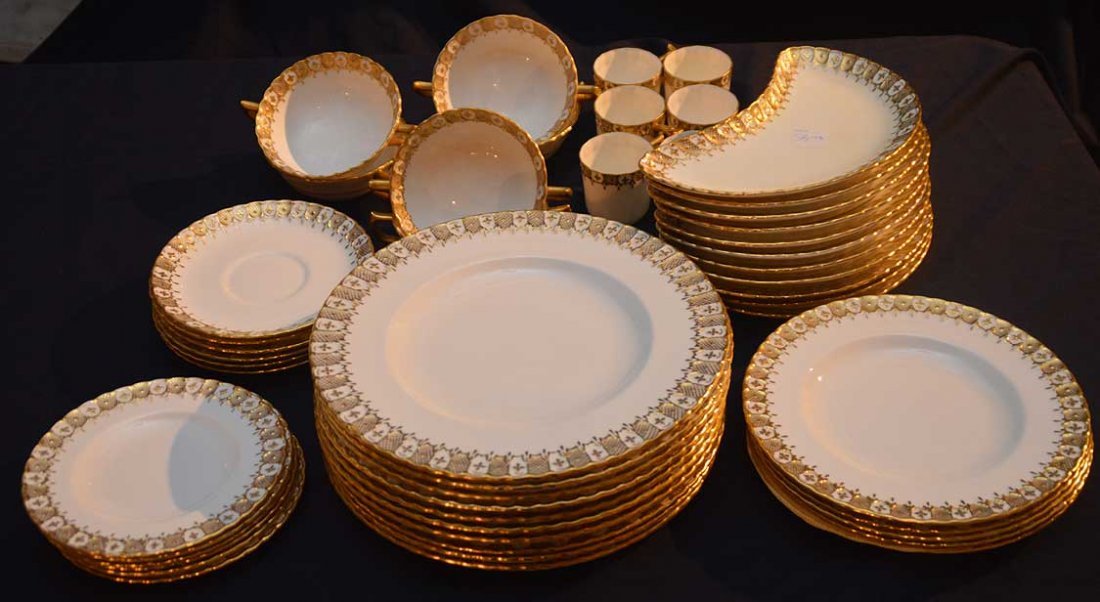 Royal Crown Derby china with raised white and gold: Royal Crown Derby china with raised white and gold rims, incl; 10 plates (10 1/2"dia), 5 plates (8 1/2"dia), 6 plates (6 1/2"dia), 6 boullions, 6 demi tasse cups, 6 demi tasse saucers and 11 bone dish