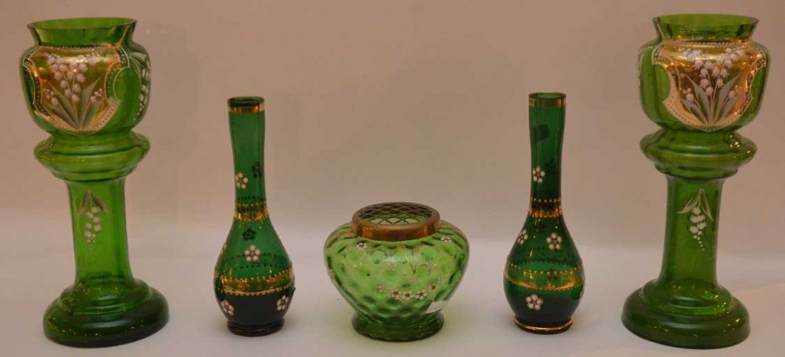 5 pieces of green glass (gold worn on all pieces and: 5 pieces of green glass (gold worn on all pieces and chip on one hurricane vase & roughage on edges)