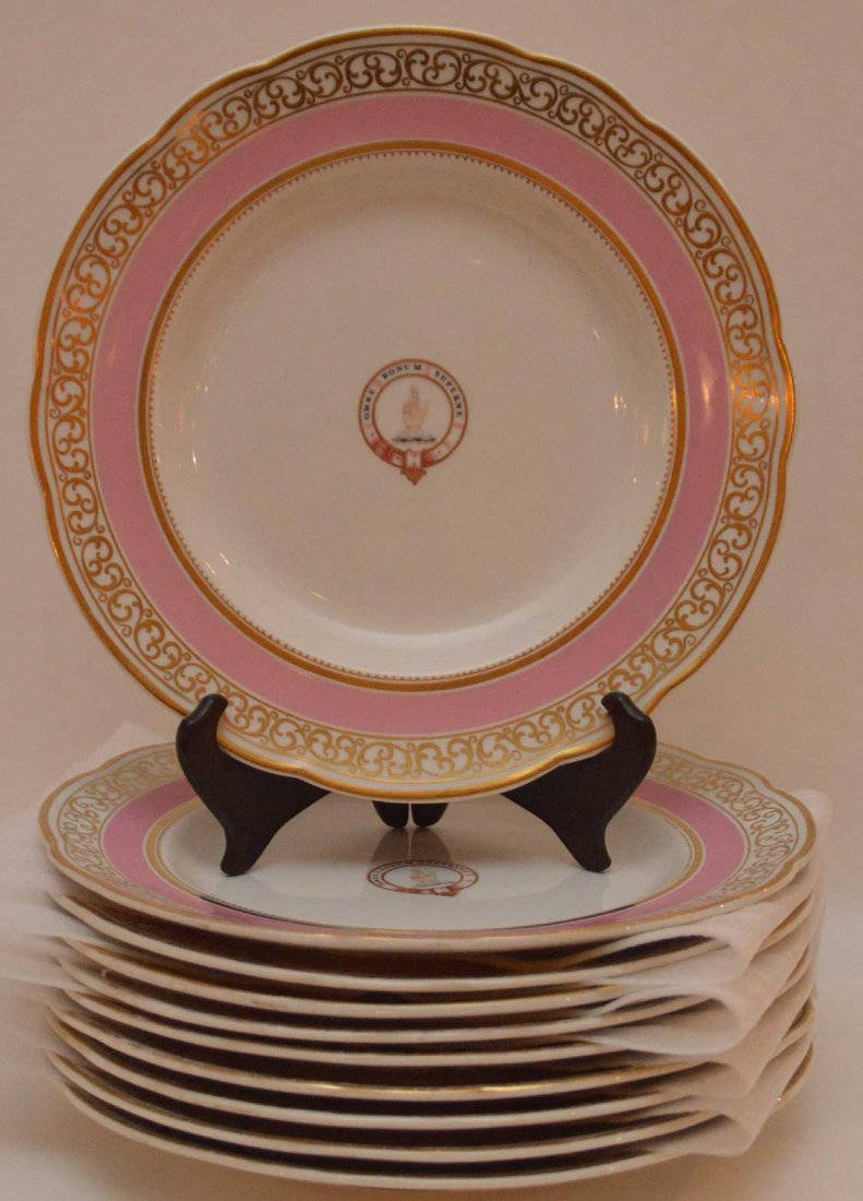 10 plates/bowls, pink and gold border, circa 1860's, 10: 10 plates/bowls, pink and gold border, circa 1860's, 10 1/4"dia
