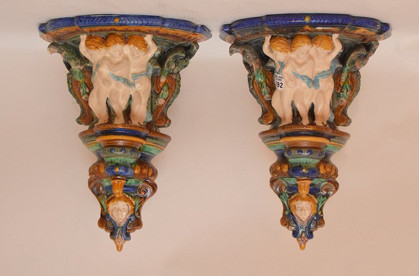 Pair Majolica wall sconces, 16"h x 11 1/2"w (1 of 5)
