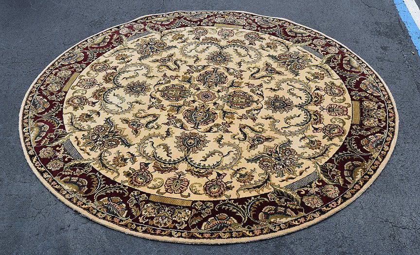 Round Rug, floral cream with dark red border 8'2" (1 of 3)