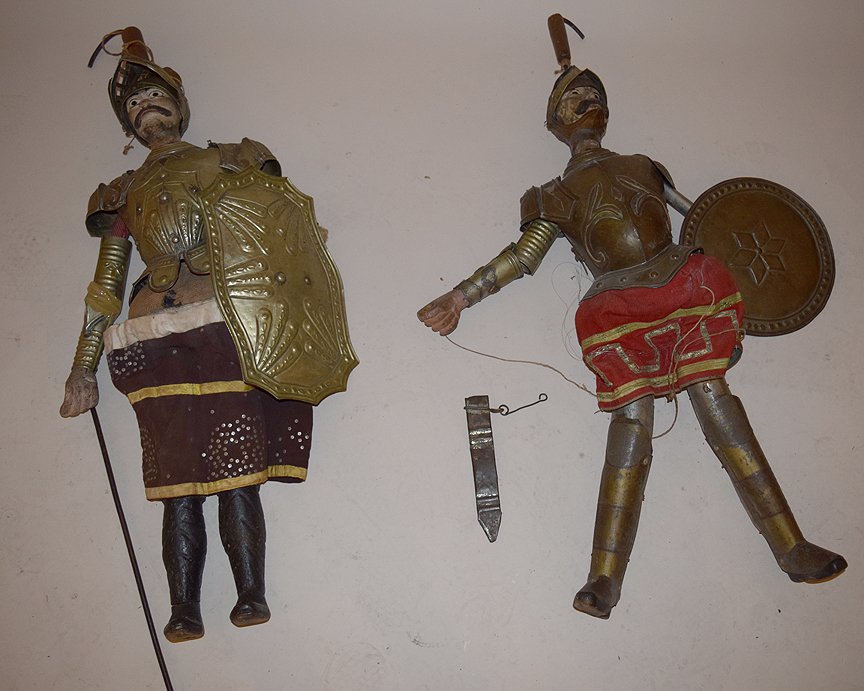 Two 19th c. Italian Marionettes, Rod dolls, 35"h feet (1 of 6)