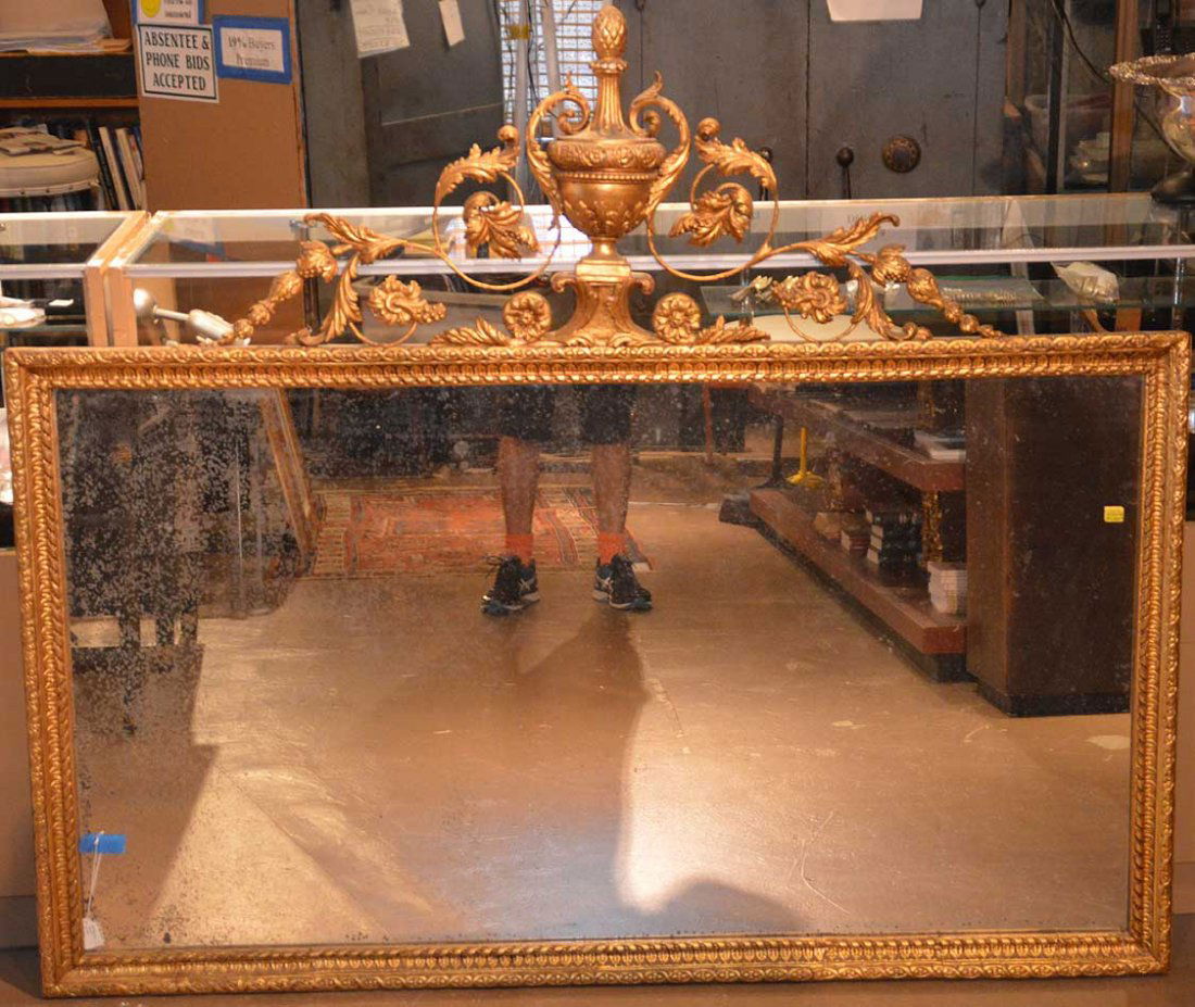 Large gilt mirror, foliate fruit and urn, 54"h x 62"w (1 of 2)