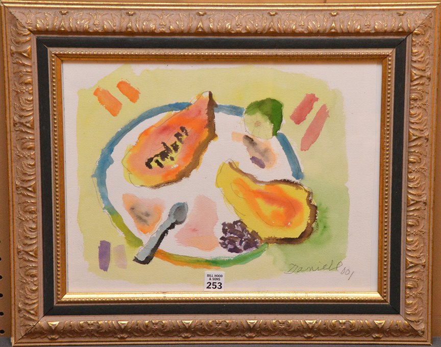 GEORGE DANIELL, American 1911-2002, ”Fruit Plate”,: GEORGE DANIELL, American 1911-2002, ”Fruit Plate”, watercolor on heavy paper 12” x 16”, signed lower right, framed.