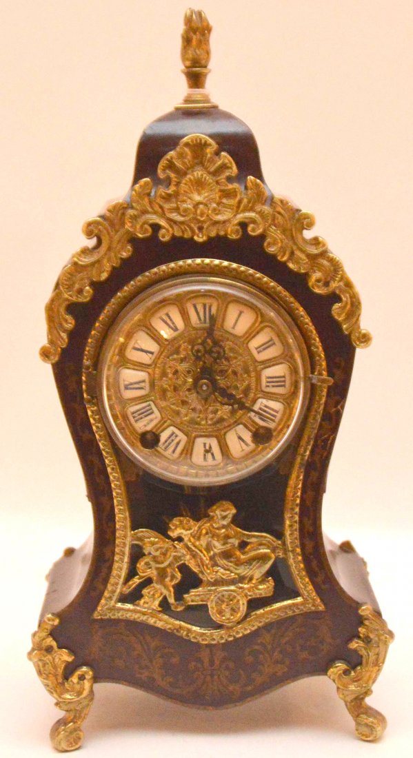 Continental brass & wood mantle clock with time & (1 of 6)