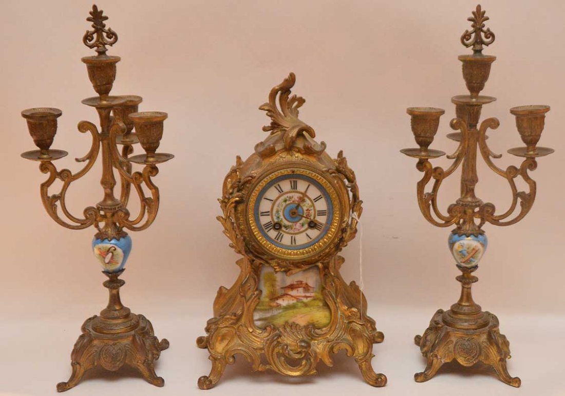 French porcelain & bronze clock garniture, clock with (1 of 6)