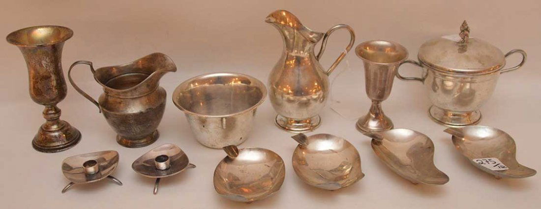 Lot of 12 sterling items, creamer, covered sugar, bowl, (1 of 3)