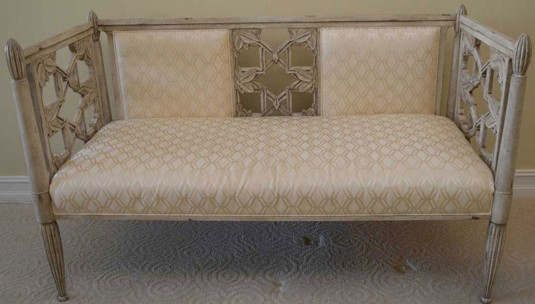 Carved white washed settee with geometric upholstery, (1 of 5)