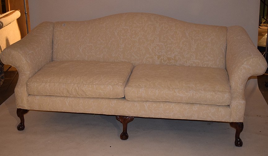 Camel back sofa, 2 bottom cushions, linen upholstery, (1 of 3)